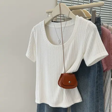 ins超火纹理感短袖T恤女夏季修身韩版小个子短款U领正肩辣妹上衣商品大图