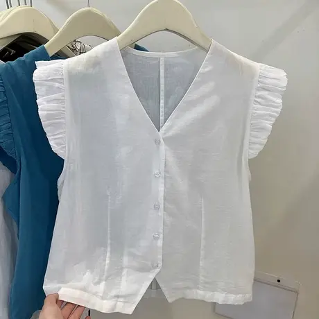 2025夏季新款韩系V领单排扣飞袖马甲背心女宽松显瘦百搭洋气上衣商品大图