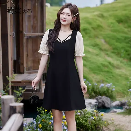 绮娑大码女装2025夏装新款显瘦胖mm连衣裙收腰A字小黑裙商品大图