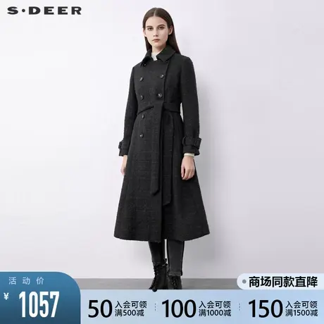 sdeer圣迪奥2021冬装新款翻领双排扣收腰格纹毛呢大衣女S21481815🎴商品大图