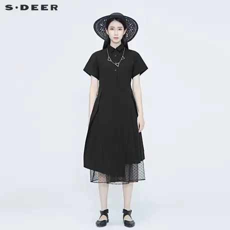 sdeer圣迪奥夏季翻领飘带法式复古赫本风两件套连衣裙女S20281238商品大图