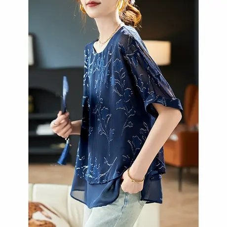 宝诗黎蝙蝠袖亮丝拼接休闲雪纺衫2025夏季新款时尚洋气百搭小衫女商品大图