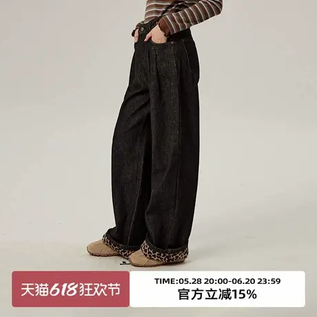 omont蛋挞家复古豹纹绒阔腿牛仔裤冬季高腰显瘦黑色直筒裤子商品大图