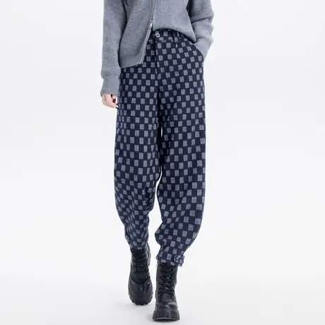 棋盘格子毛呢裤子女2025春秋新款加厚九分休闲裤灯笼束脚裤哈伦裤商品大图