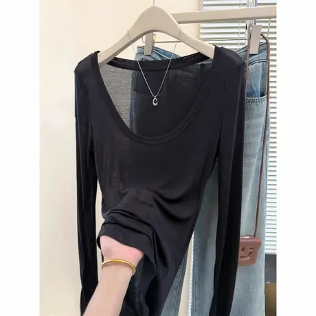 高级感大领口U领长袖防晒衫女夏季韩版修身微透薄款罩衫上衣T恤潮商品大图