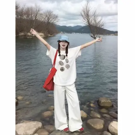 纯棉白色夏季宽松短袖t恤女2025新款爆款落肩设计感美式半袖上衣商品大图