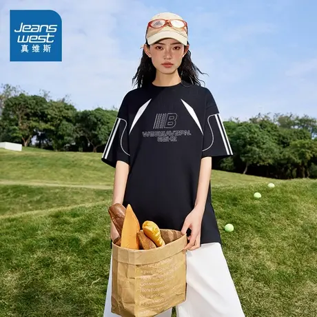 G2真维斯女装2025夏季新款 重磅纯棉宽松插肩撞色拼接短袖T恤女商品大图