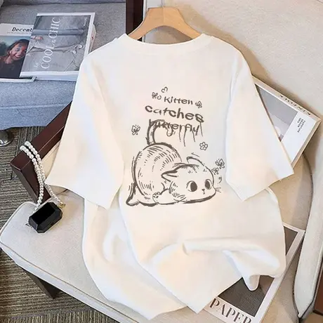 美式潮牌短袖t恤女白色纯棉夏季2025新款宽松大码设计感体恤上衣商品大图