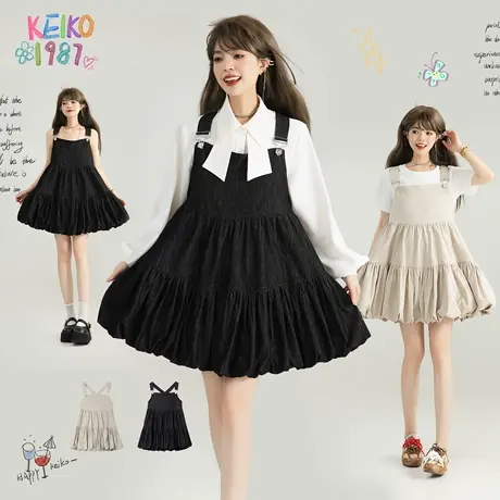 KEIKO 甜酷黑色牛仔背带连衣裙25夏季早秋复古减龄蓬蓬花苞蛋糕裙图片