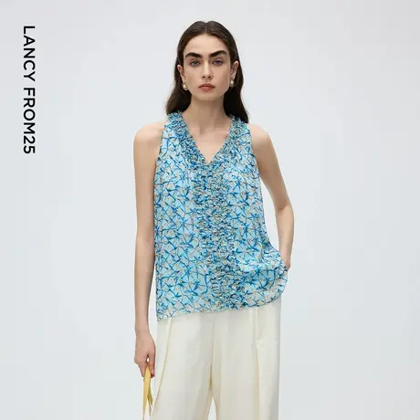 朗姿度假风印花无袖衬衫V领设计感木耳边上衣2025年秋季新款商品大图