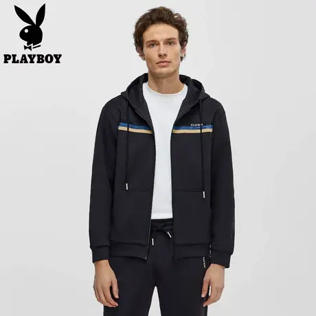 花花公子原创设计黑色针织衫上衣拉链开衫连帽卫衣男宽松百搭外套图片