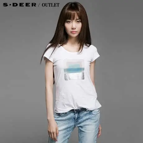sdeer圣迪奥2015夏装新品女白色休闲圆领修身T恤4280170图片