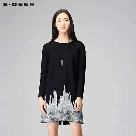 sdeer圣迪奥女2018冬装抽象纹理中长款圆领打底针织毛衫S15483564图片