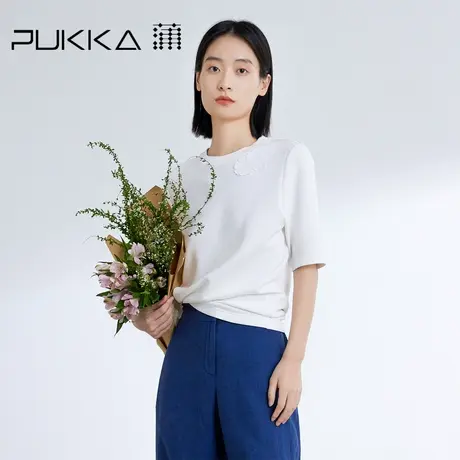 蒲PUKKA 显瘦简约圆领T恤女春季新款针织空气层贴布绣上衣商品大图