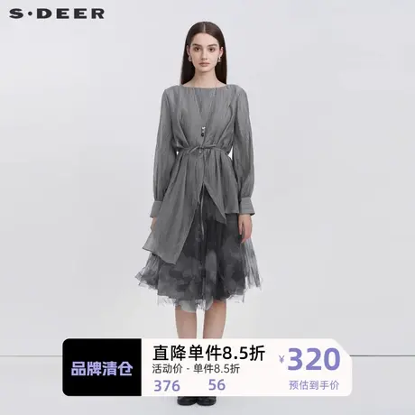 sdeer圣迪奥女装圆领收腰网纱印花两件连衣裙S223Z127Y图片