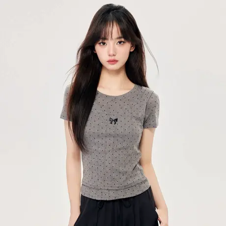 尔给设计感小个子气质小众短款波点上衣女夏2024新款正肩短袖t恤商品大图