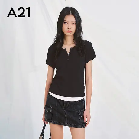 a21女装半开胸圆领假两件短袖t恤夏季设计感新款纯棉显瘦上衣图片