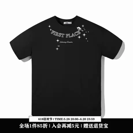 Ohlyah设计师原创卡通品牌领口蝴蝶印花黑色T恤无性别纯棉短袖女图片