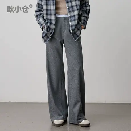 欧小仓 糯米裤 条纹撞色叠腰阔腿裤 ins博主自带修腿效果超模裤商品大图