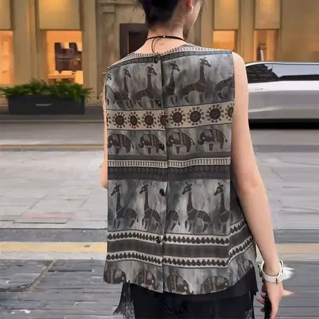 港风复古夏季小众大象印花无袖韩系上衣宽松百搭时尚小衫上衣女潮图片