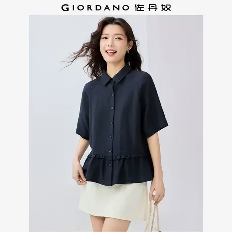 佐丹奴衬衫女装仿麻棉荷叶边下摆插肩中袖梭织衬衫 13345317商品大图