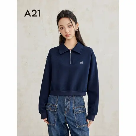 A21女装拉链半开翻领卫衣2024秋季新款宽松落肩长袖短款显瘦上衣商品大图