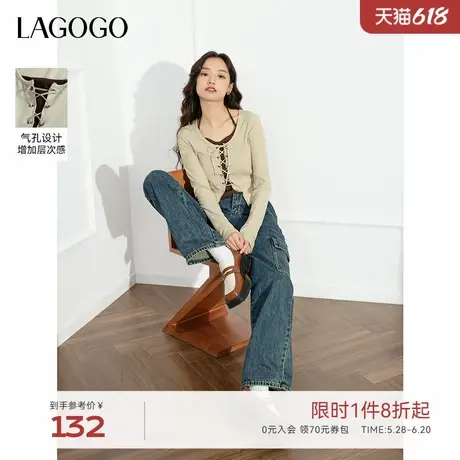 LAGOGO绑带修身T恤女拉谷谷春秋新款假两件挂脖纯欲辣妹风上衣商品大图