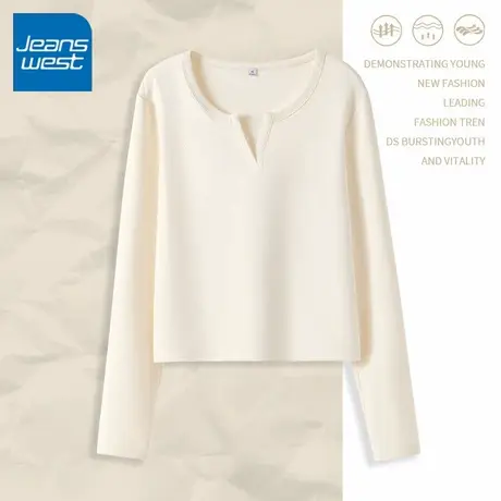 KV真维斯v领长袖T恤女2025新款春秋季薄款百搭收腰显瘦小个子上衣商品大图