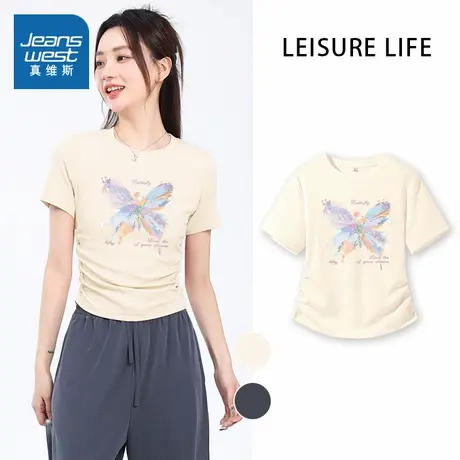 JR真维斯2025夏季女装抽褶正肩紧身显瘦短T百搭时尚潮流圆领印花图片