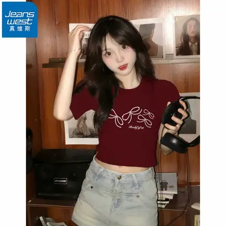 NR真维斯酒红色短袖t恤女2025夏季新款复古小众修身辣妹短款上衣商品大图