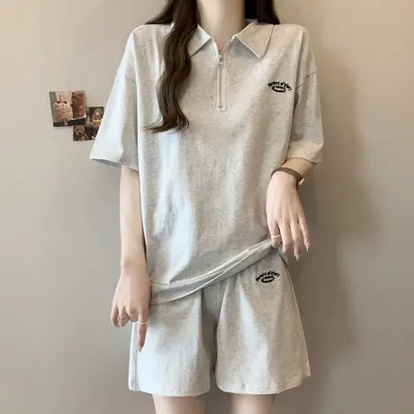 超火cec休闲运动套装女夏季百搭韩版宽松翻领T恤阔腿短裤两件套潮图片