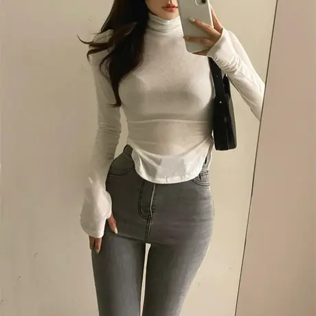 柔软亲肤女人味不规则圆弧下摆打底衫上衣短款堆堆领手套袖T恤潮商品大图