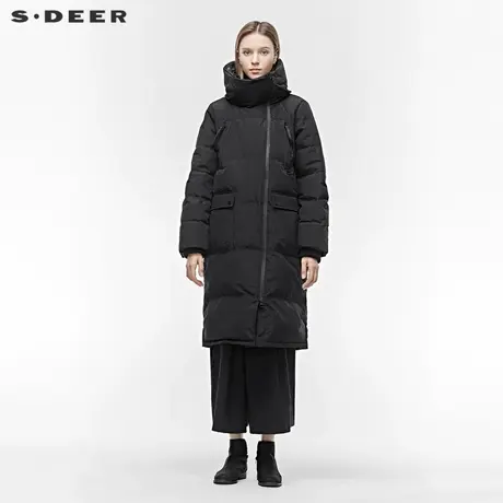 sdeer圣迪奥冬季女装高领连帽织带拼接开衩纯黑羽绒服S19462416商品大图