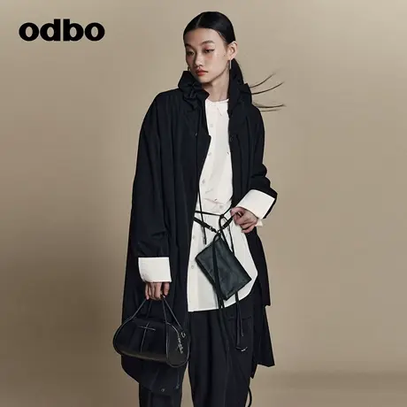 odbo 高级感中长款黑色连帽风衣外套女春季新款大牌高端上衣图片