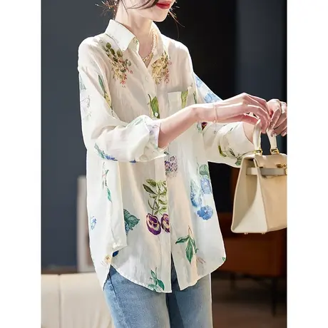 宝诗黎OL气质长袖苎麻印花衬衫2025春季新款文艺百搭休闲衬衣女图片