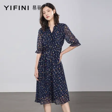 Yifini/易菲收腰显瘦优雅气质连衣裙女夏季新款印花雪纺裙图片