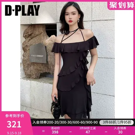 DPLAY2023夏氛围感经典黑荷叶玫瑰飘带度假雪纺连衣裙小黑裙商品大图