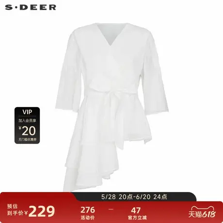 sdeer圣迪奥V领风琴褶收腰不规则短袖衬衫S242Z0458图片
