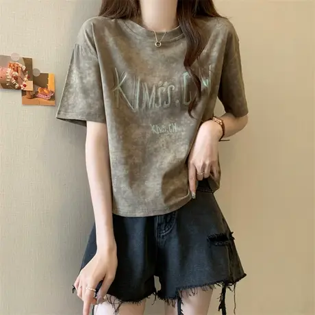 渐变色扎染短袖t恤女2024新款夏季韩版宽松大码女装正肩显瘦上衣商品大图