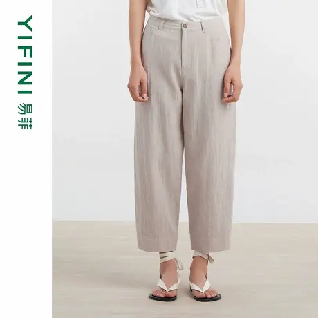 [专柜同款]Yifini/易菲棉麻混纺条纹茧型九分裤宽松通勤直筒裤女商品大图