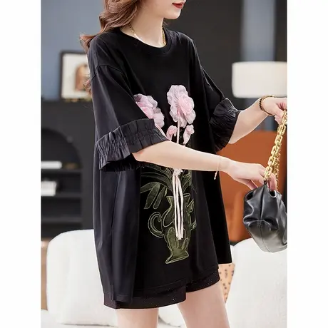 宝诗黎中长款宽松印花中袖T恤2025夏季洋气休闲慵懒百搭女装上衣商品大图