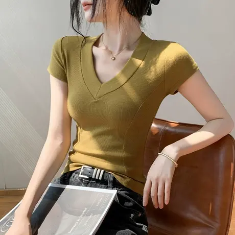 V领正肩短袖T恤女2025夏季新款修身性感收腰衬衫韩版显瘦针织上衣图片