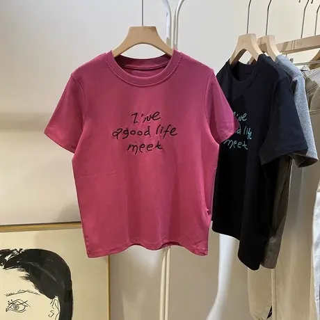 字母刺绣设计感小众短袖T恤女夏季宽松韩版外搭内搭打底衫上衣服图片