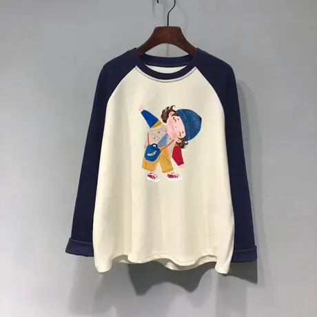 秋冬纯棉打底衫女撞色设计感oversize大码上衣ins复古插肩长袖T恤商品大图