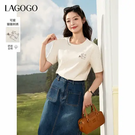 LAGOGO猫咪刺绣纯棉米白色T恤女士拉谷谷2025年新款夏日短袖上衣商品大图