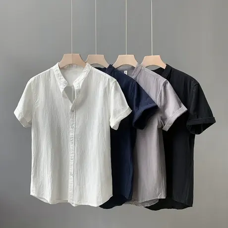 中国风亚麻立领衬衫男短袖夏季美式高级感白色亨利领棉麻衬衣外套商品大图