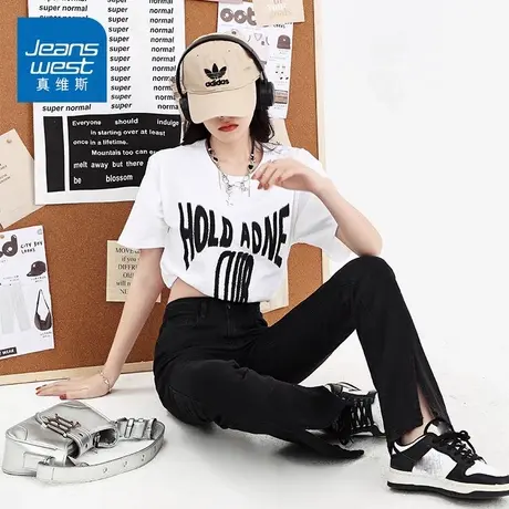 KZ真维斯开叉微喇叭牛仔裤女黑色高腰显瘦显高2024新款爆款秋冬季图片