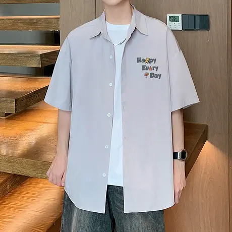 衬衫男夏季2025新款大码冰丝速干衬衣美式休闲翻领宽松半袖寸衫潮商品大图