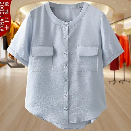 中年胖妈妈夏季纯色上衣大码宽松遮肚小衫时尚圆领休闲短袖衬衫女商品大图