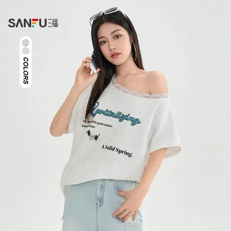 三福短T恤2025夏季英文小狗印花宽松圆领上衣女装506013商品大图